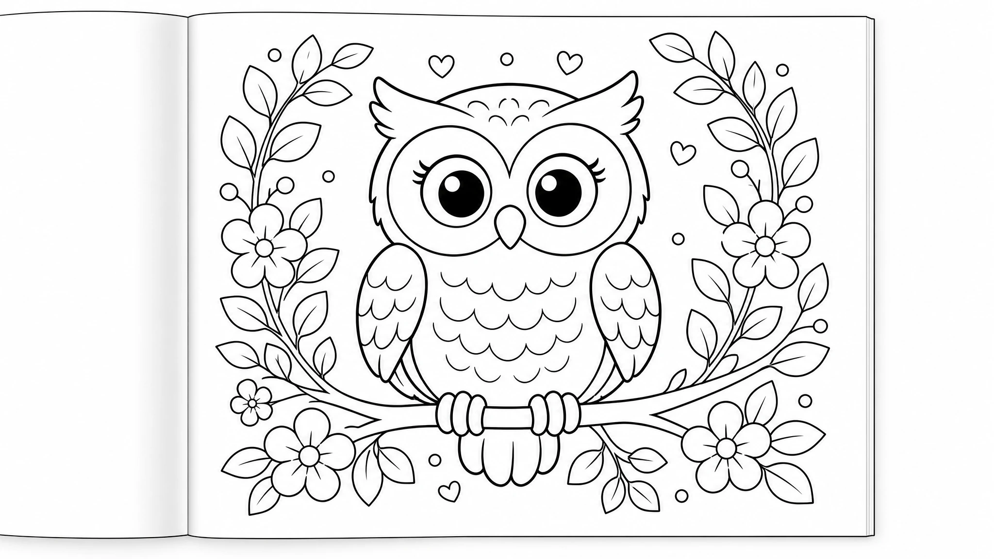 Single-sided coloring book page layout featuring a cartoon owl with leaves and flowers
