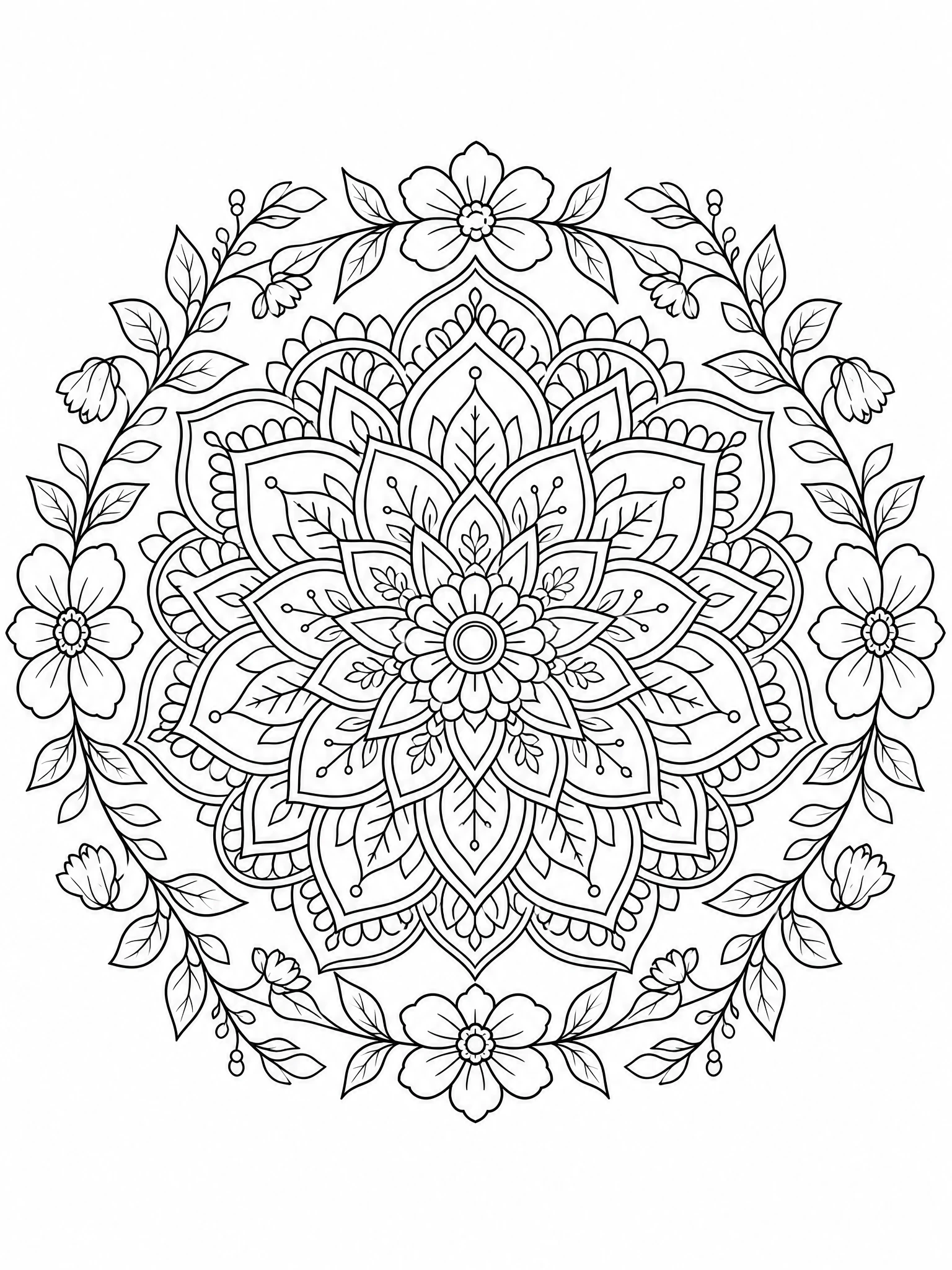 Coloring book interior page with a detailed floral mandala line-art design
