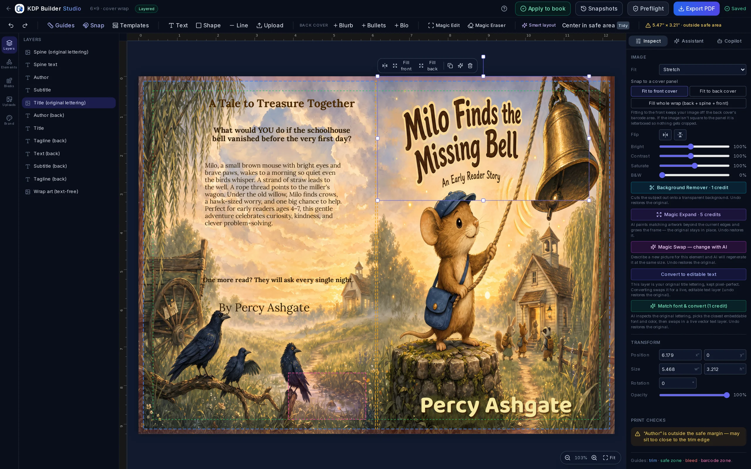 Actual screenshot of the KDP Builder Cover Design Studio with a full-wrap cover, layers, and print checks