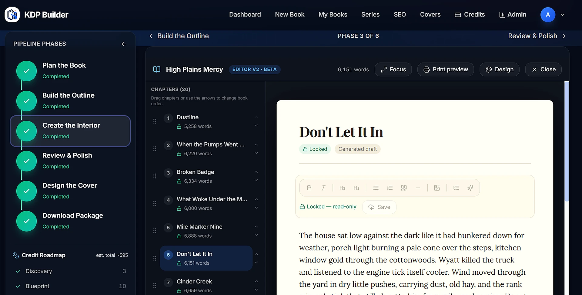 Actual screenshot of the KDP Builder manuscript editor workspace