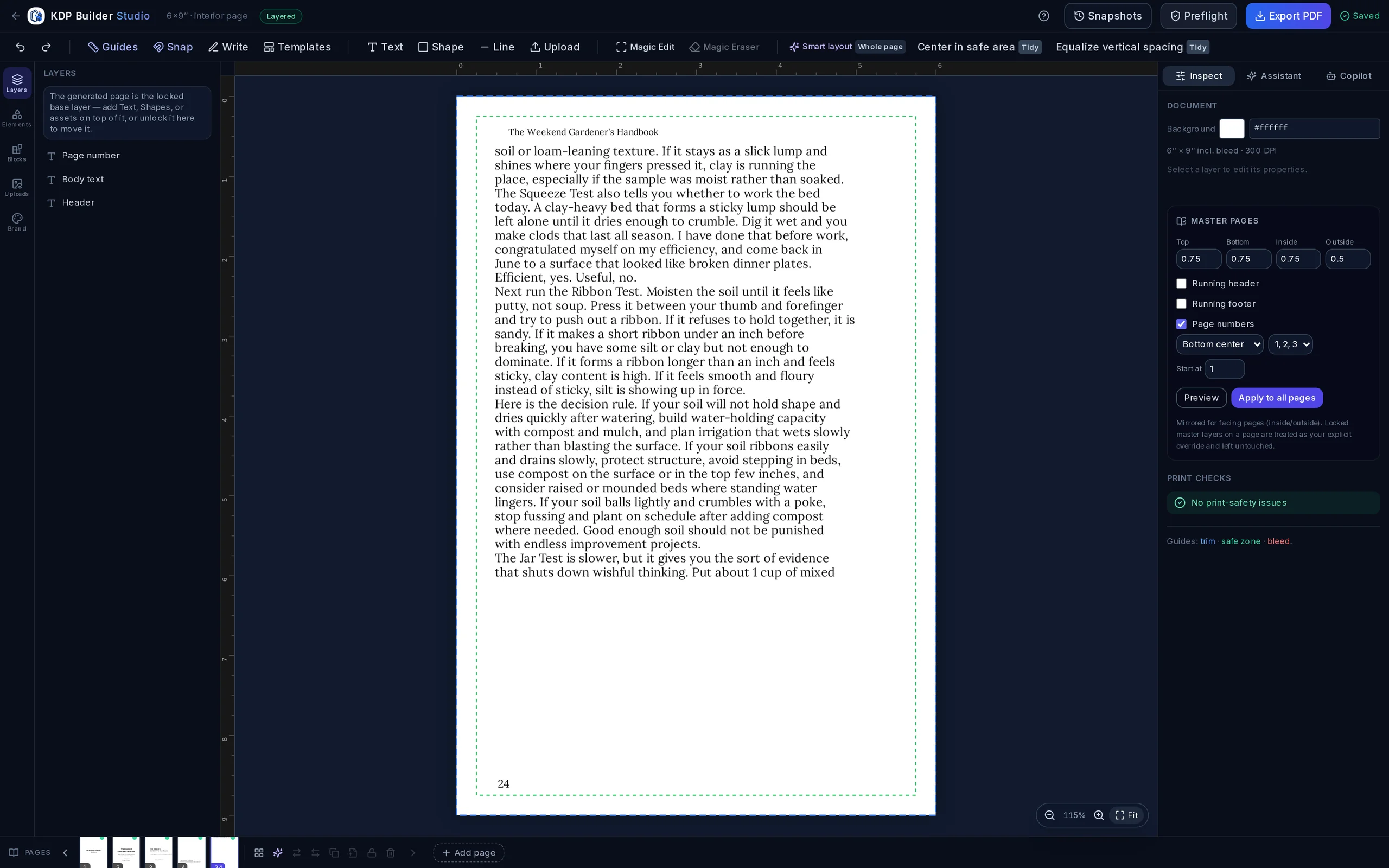 KDP Builder Interior Studio page editor showing a real book page with the page picker rail, layout controls, and print-safe guides