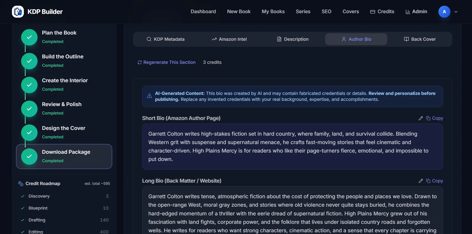 KDP Builder author bio screen for High Plains Mercy showing a short and long author biography