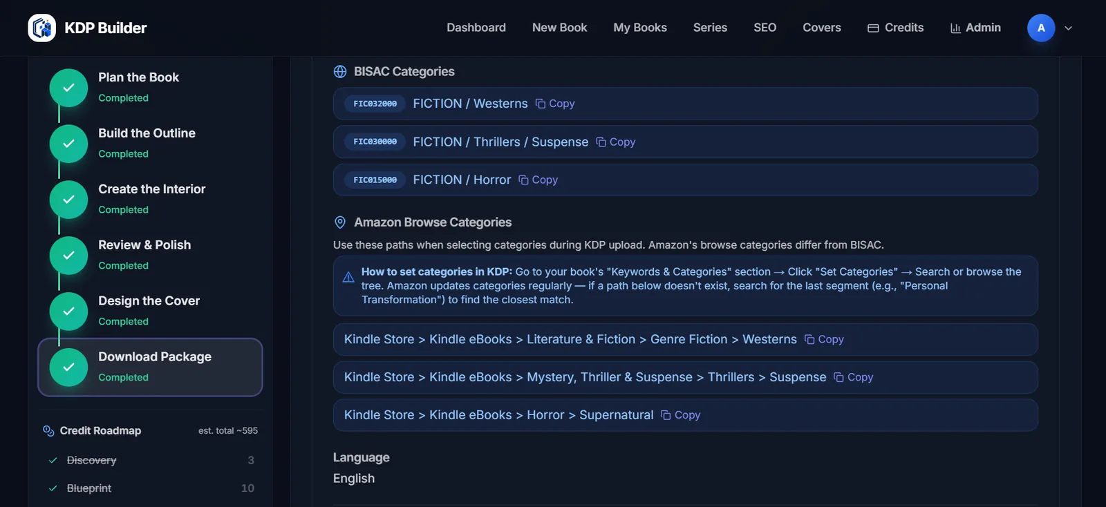 KDP Builder categories screen for High Plains Mercy showing BISAC codes and Amazon browse category paths