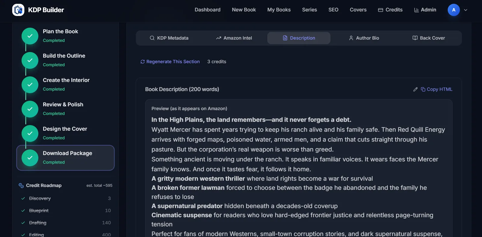 KDP Builder book description screen for High Plains Mercy showing an Amazon-style marketing description preview