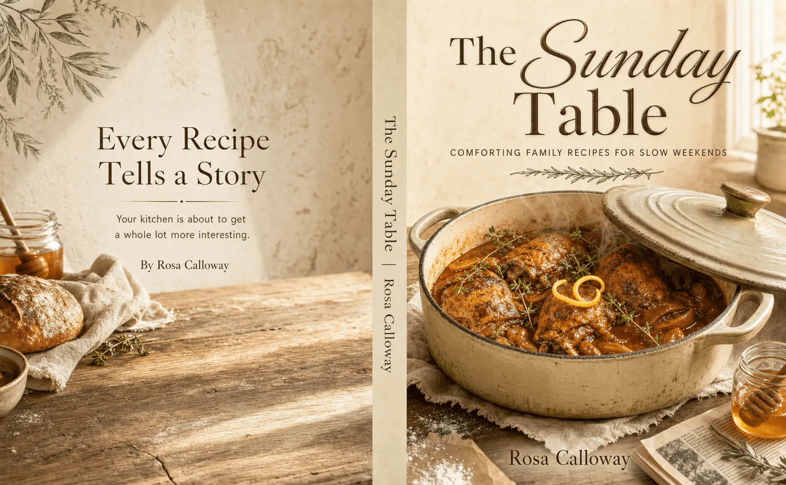 Full paperback wrap for The Sunday Table cookbook with back panel, spine, and front cover