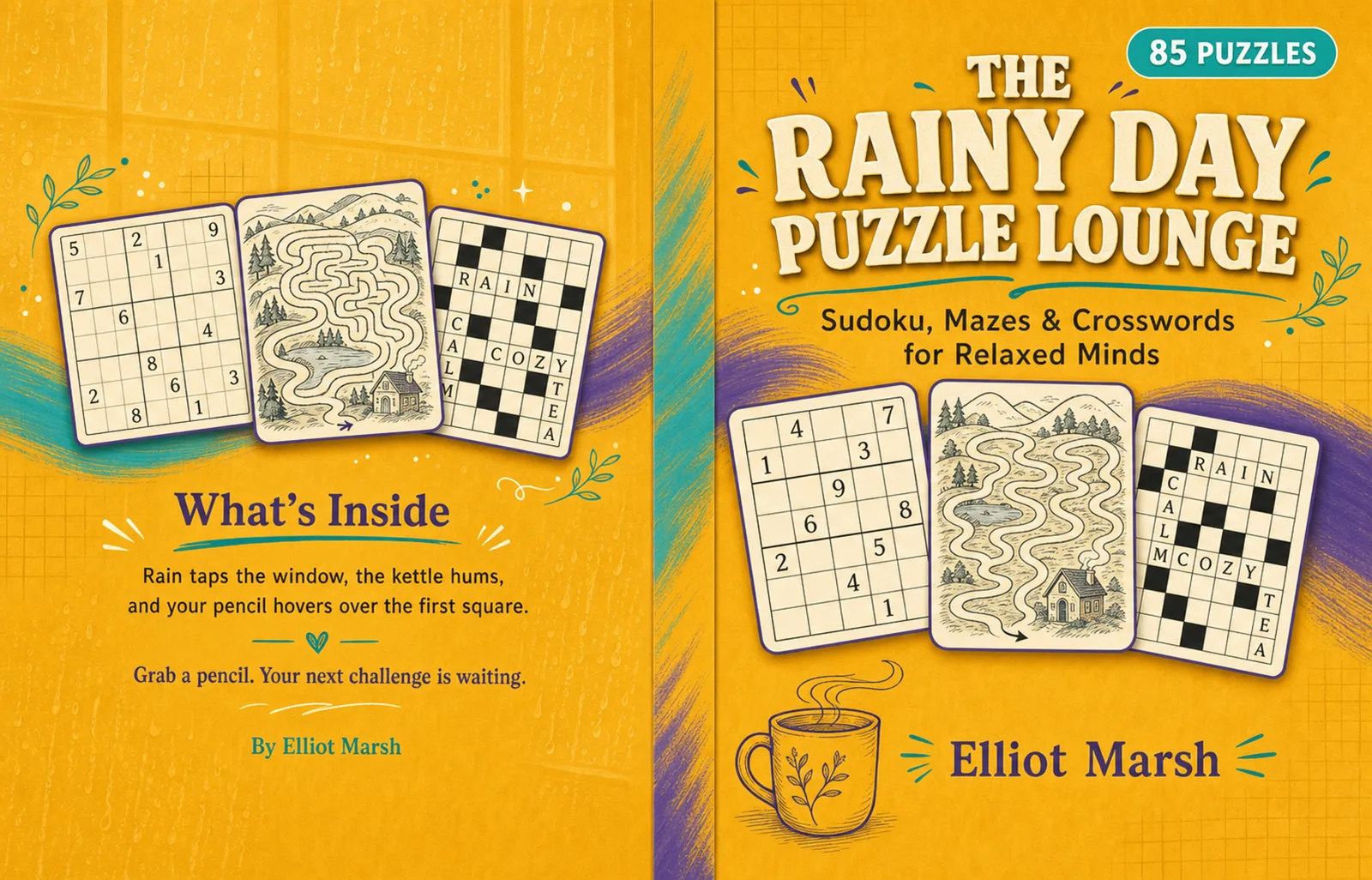 Full paperback wrap for The Rainy Day Puzzle Lounge with back panel, spine, and front cover