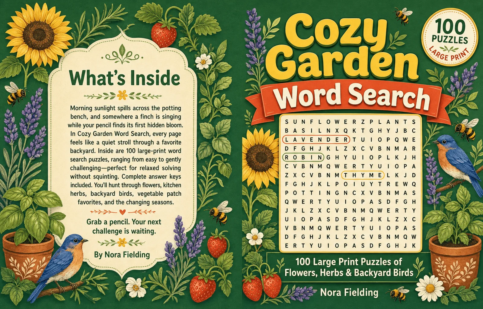 Full paperback wrap for Cozy Garden Word Search with back panel, spine, and front cover